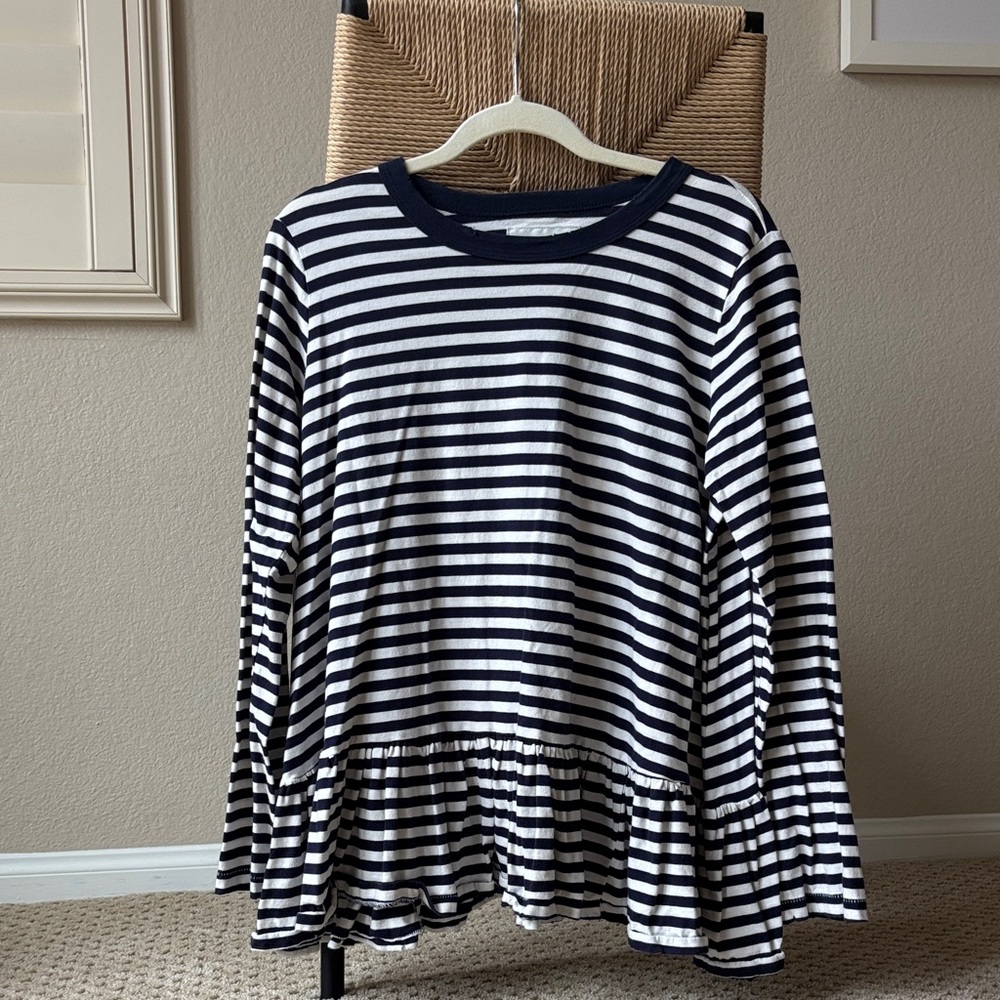 THE GREAT. Navy and White Striped long sleeve top